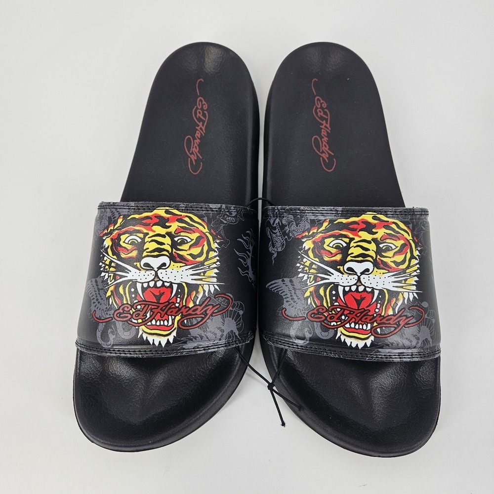 ED HARDY Men's Size 12 Sandals Black Tiger Head Slip On Y2K Pool Shoes